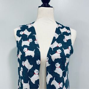 NEW Lularoe S Blue Long Open Duster Hacci Cardigan Sweater Vest Scottie Dog Joy